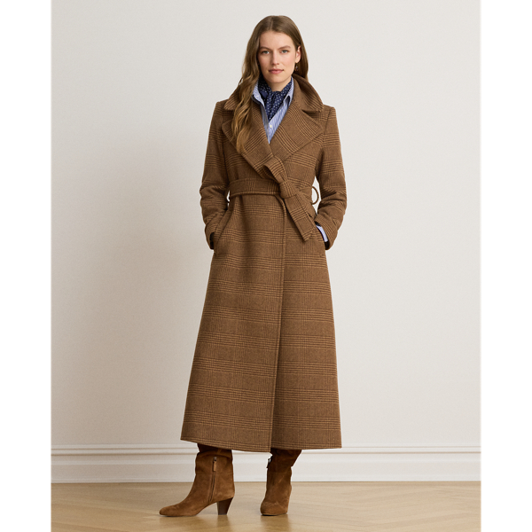 Camel/Brown Glen Plaid Wool-Blend Wrap Maxicoat Lauren 8