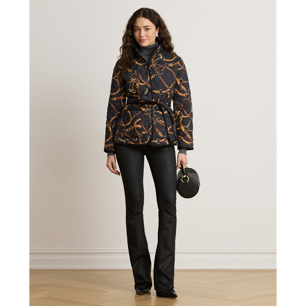 Belting-Print Quilted Mockneck Jacket