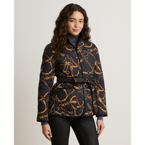 Belting-Print Quilted Mockneck Jacket