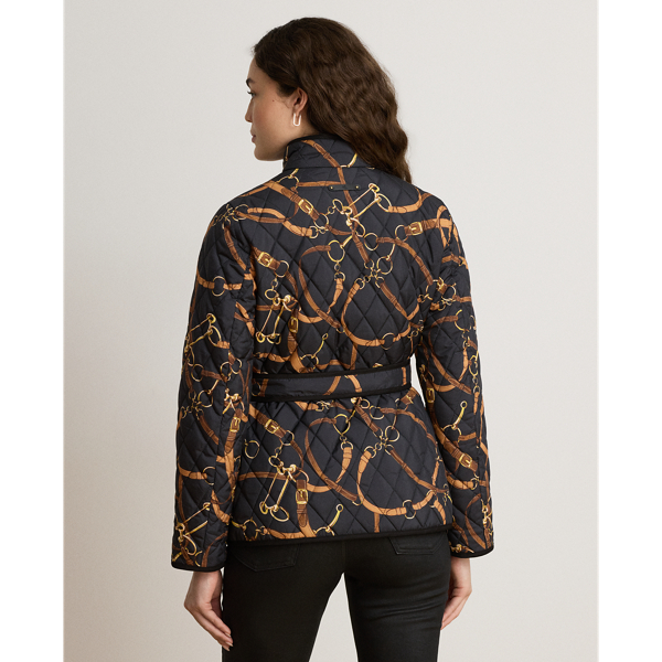 Belting-Print Quilted Mockneck Jacket