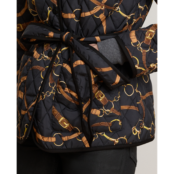 Belting-Print Quilted Mockneck Jacket
