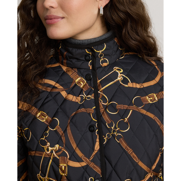 Belting-Print Quilted Mockneck Jacket