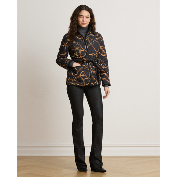 Belting-Print Quilted Mockneck Jacket