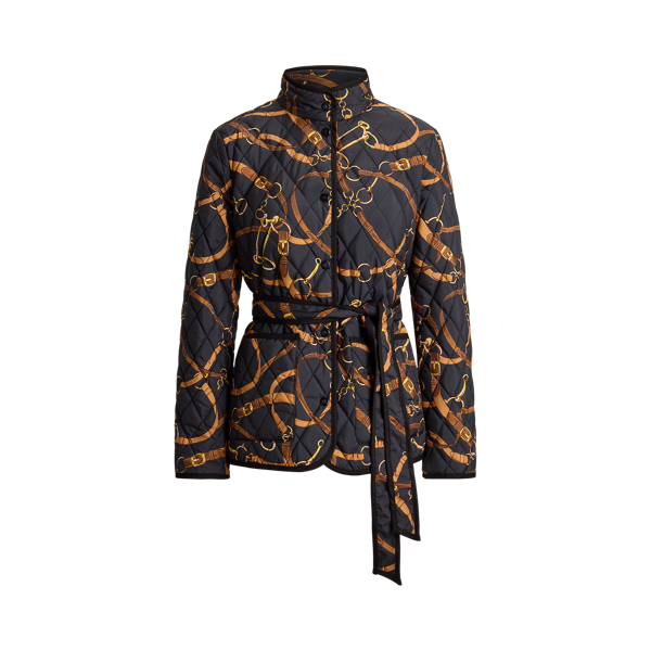 Belting-Print Quilted Mockneck Jacket