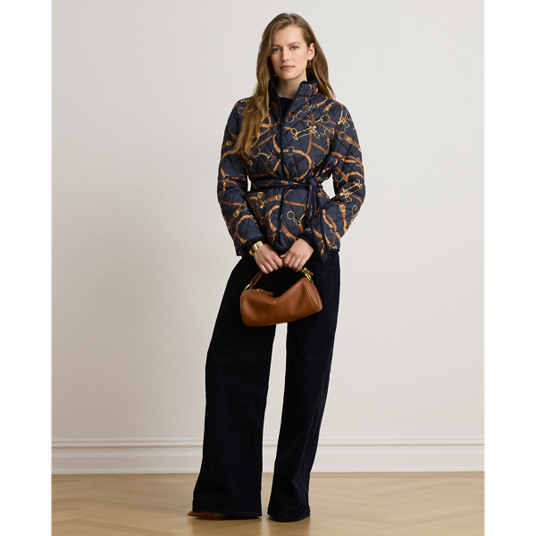 Belting-Print Quilted Mockneck Jacket