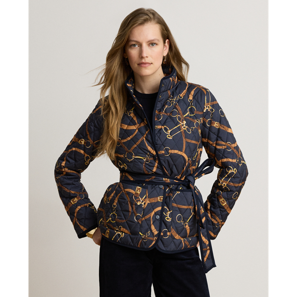 Belting-Print Quilted Mockneck Jacket