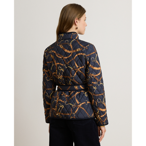 Belting-Print Quilted Mockneck Jacket