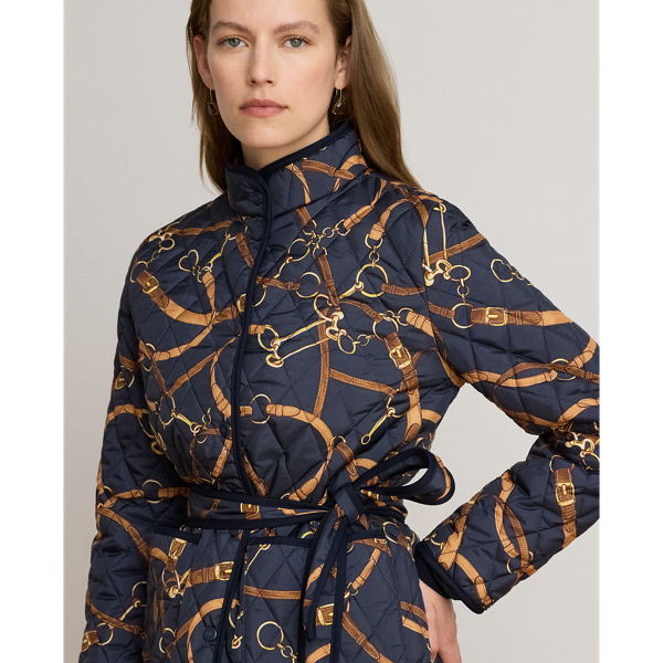 Belting-Print Quilted Mockneck Jacket