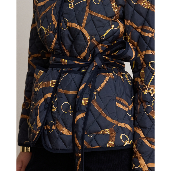 Belting-Print Quilted Mockneck Jacket