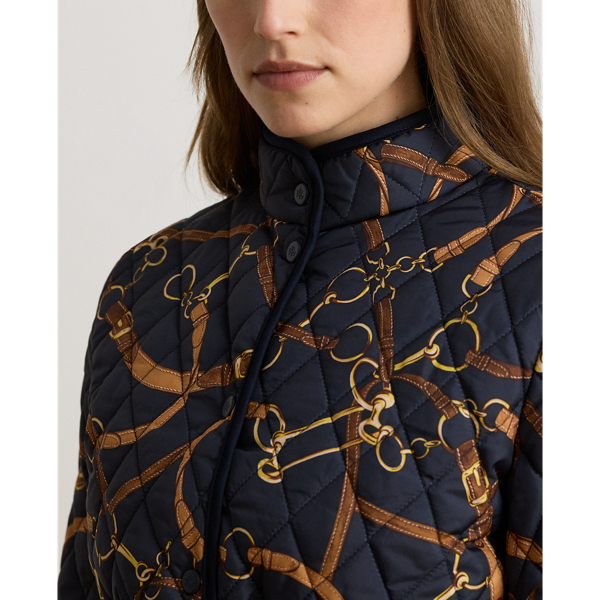 Belting-Print Quilted Mockneck Jacket