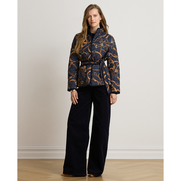 Belting-Print Quilted Mockneck Jacket