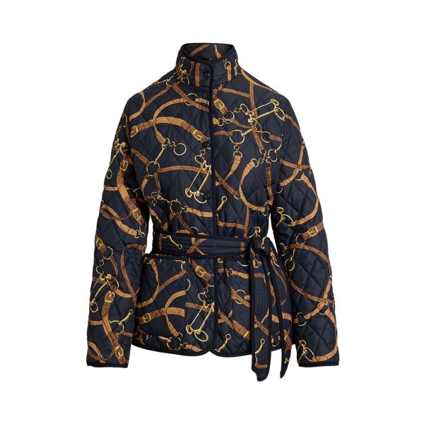 Belting-Print Quilted Mockneck Jacket