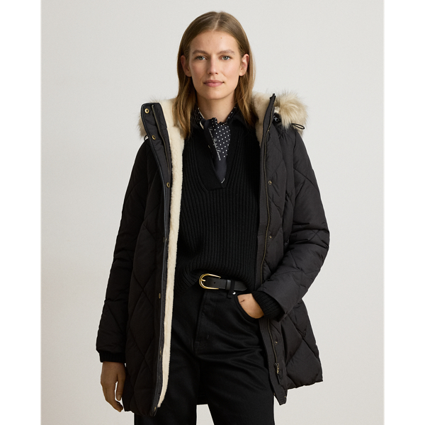 Faux-Fur-Trim Hooded Quilted Coat