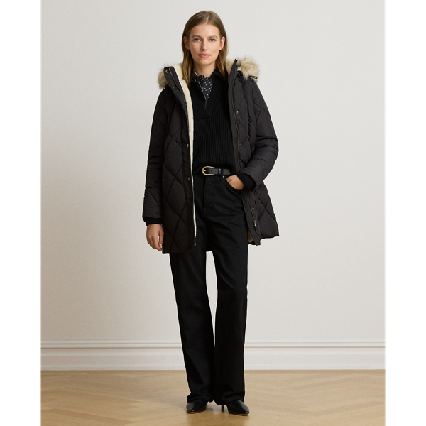 Faux-Fur-Trim Hooded Quilted Coat