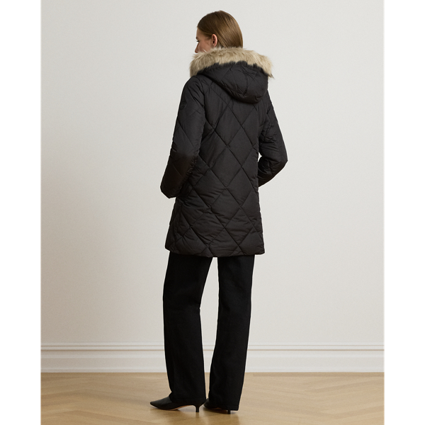 Faux-Fur-Trim Hooded Quilted Coat