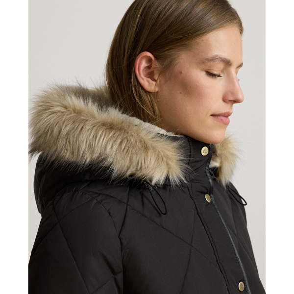 Faux-Fur-Trim Hooded Quilted Coat