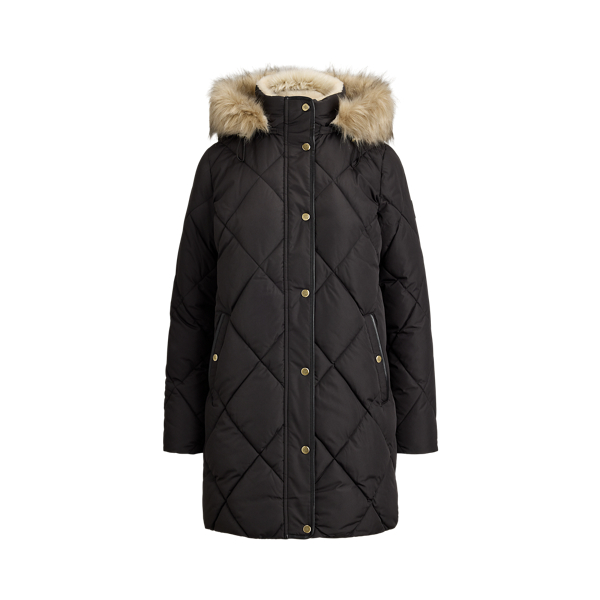 Faux-Fur-Trim Hooded Quilted Coat