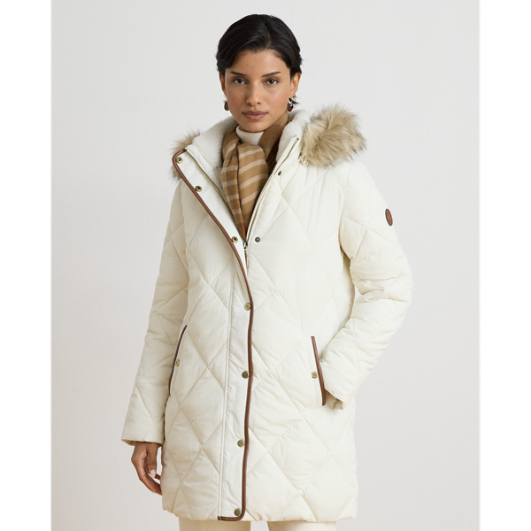 Faux-Fur-Trim Hooded Quilted Coat
