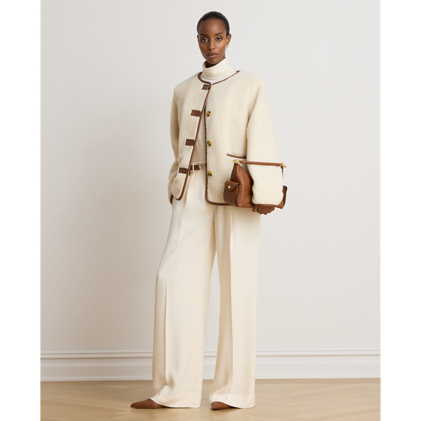 Faux-Leather-Trim Faux-Fur Teddy Coat