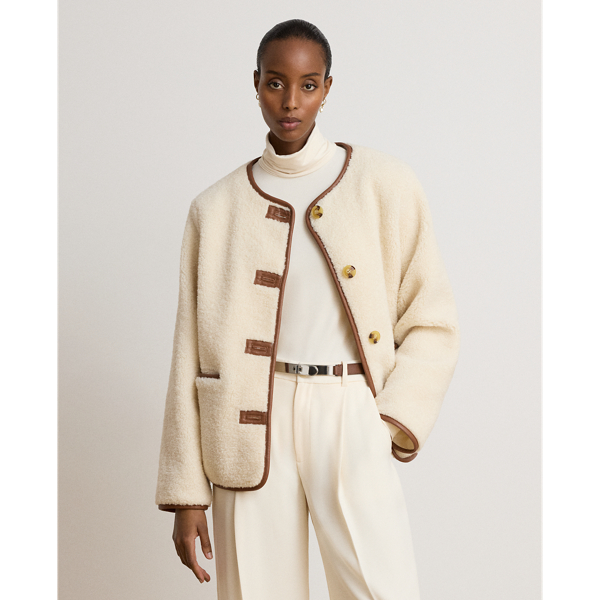 Faux-Leather-Trim Faux-Fur Teddy Coat