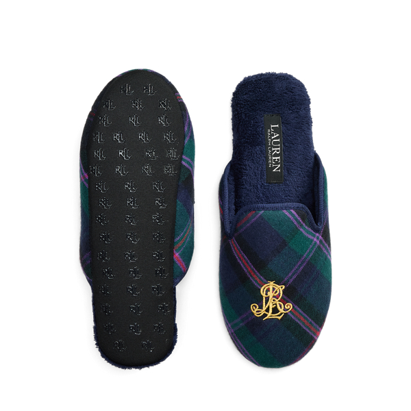 Chaussons &agrave; monogramme en serg&eacute; &eacute;cossais
