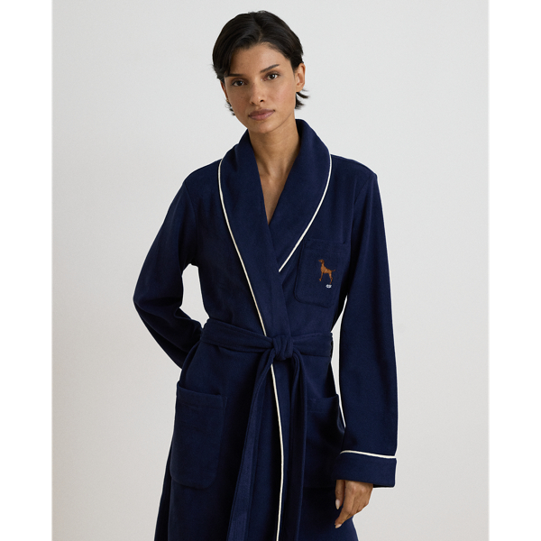 Dog-Embroidered Fleece Shawl-Collar Robe