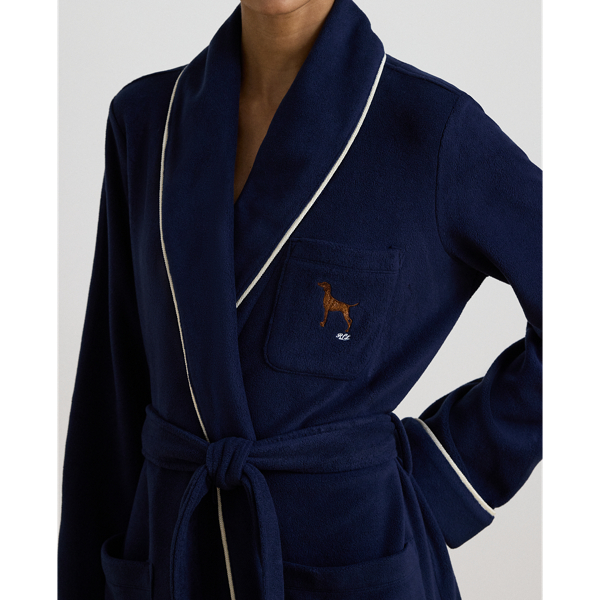 Dog-Embroidered Fleece Shawl-Collar Robe