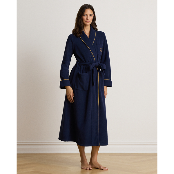 Navy Microfleece Long Shawl-Collar Robe Lauren 1