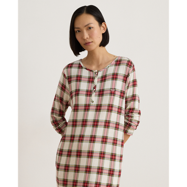 Plaid Cotton-Blend Henley Sleepshirt