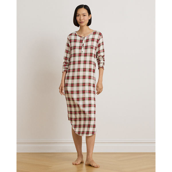 Plaid Cotton-Blend Henley Sleepshirt