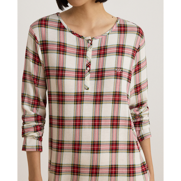 Plaid Cotton-Blend Henley Sleepshirt
