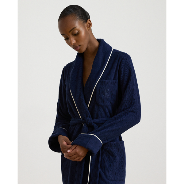 Navy Cable Microfleece Shawl-Collar Robe Lauren 3