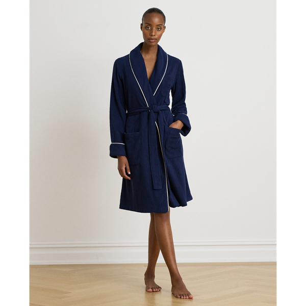 Navy Cable Microfleece Shawl-Collar Robe Lauren 1