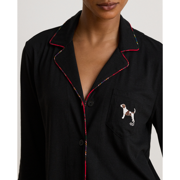 Dog-Embroidered Jersey Sleep Set