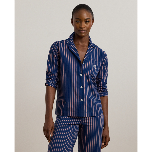 Dark Blue Stripe Striped Cotton-Blend Lawn Sleep Set Lauren 4