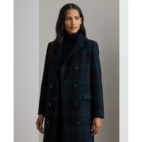 Double-Breasted Black Watch Plaid Coat