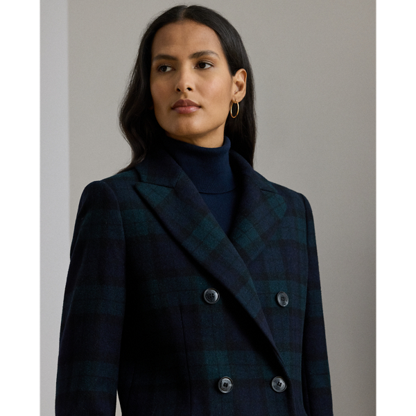 Double-Breasted Black Watch Plaid Coat