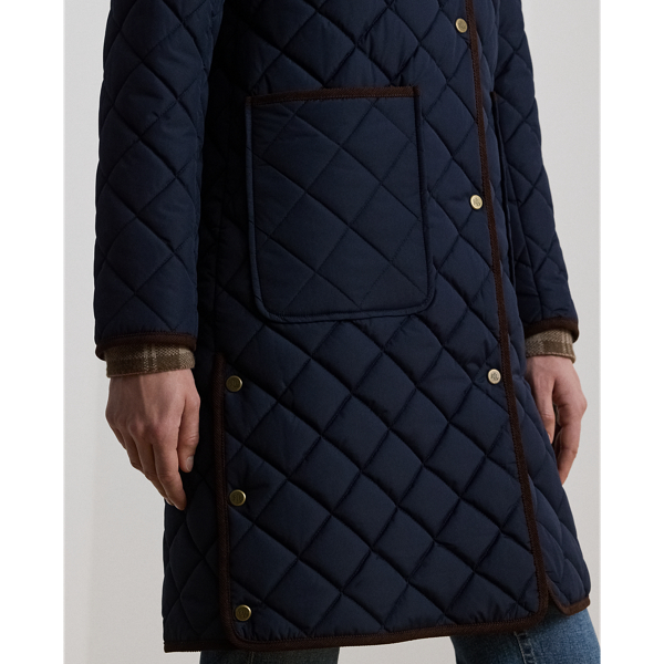 Corduroy-Trim Diamond-Quilted Coat