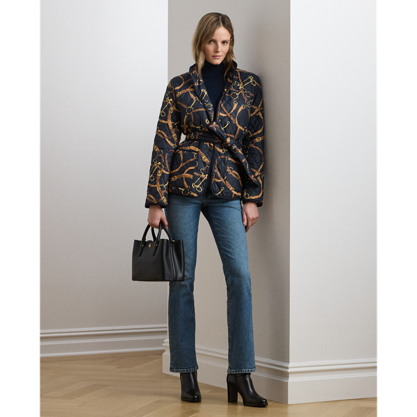 Belting-Print Quilted Mockneck Jacket