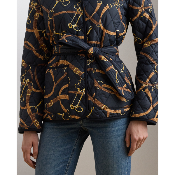 Belting-Print Quilted Mockneck Jacket