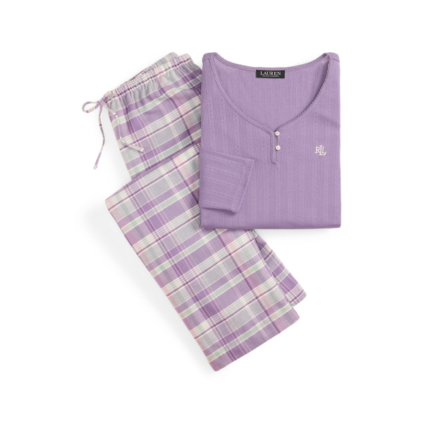 Plaid Cotton-Blend Henley Pajama Set Lauren 1