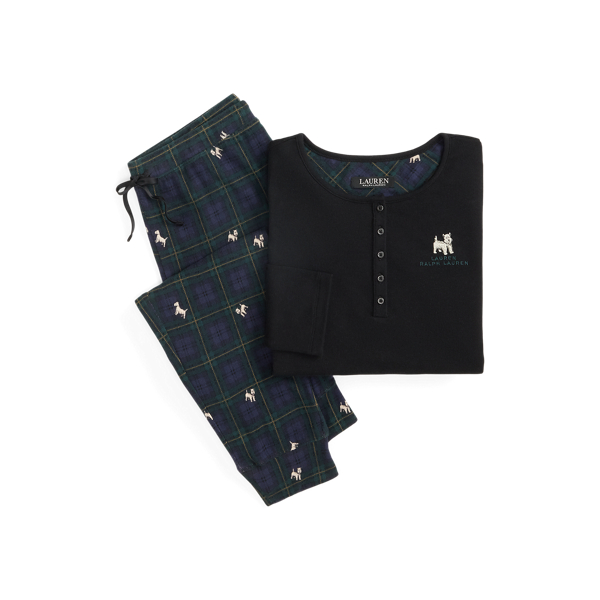 Dog-Print Plaid Henley Jogger Pajama Set