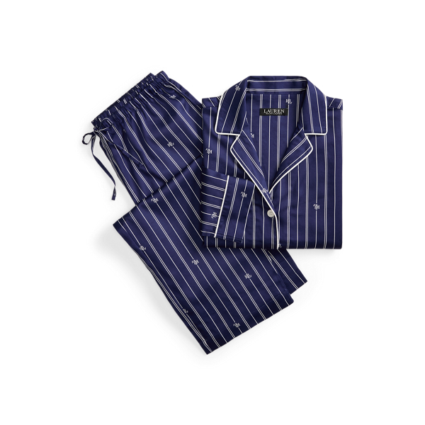 Navy Print Logo Striped Sateen Sleep Set Lauren 2