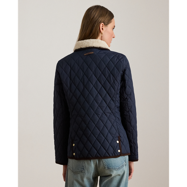 Dark Navy Faux-Shearling-Trim Quilted Jacket Lauren 5