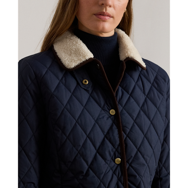 Dark Navy Faux-Shearling-Trim Quilted Jacket Lauren 6