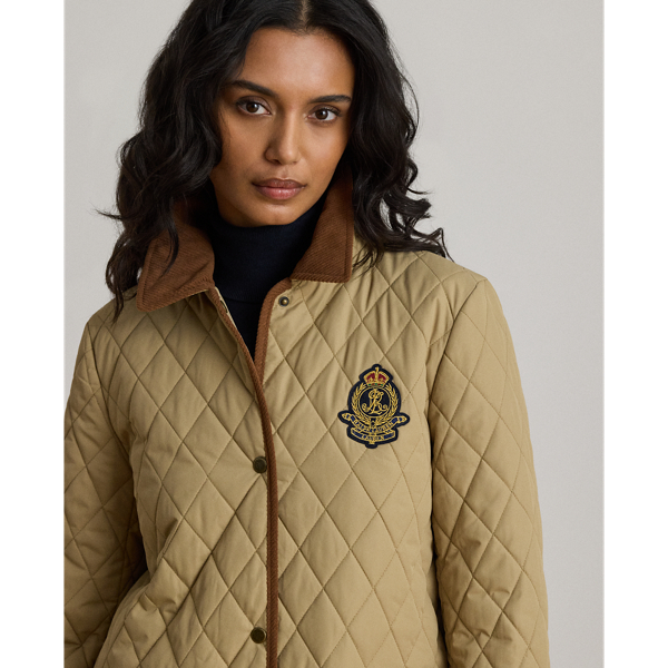 Birch Tan Crest-Patch Corduroy-Trim Quilted Jacket Lauren 6
