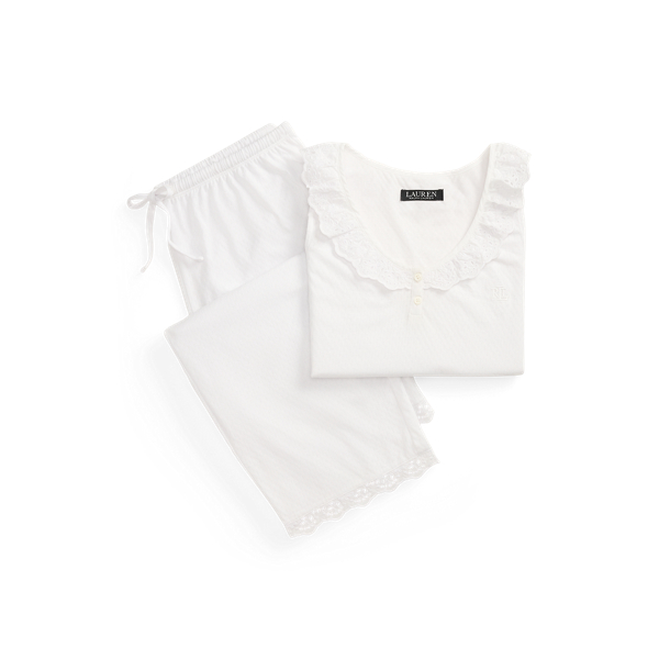 White Ruffle-Trim Eyelet Cotton-Blend PJ Set Lauren 2