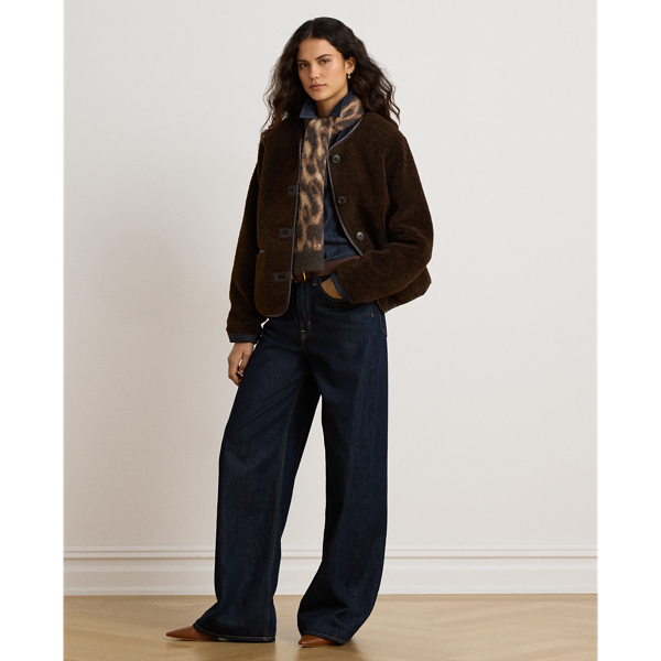 Faux-Leather-Trim Faux-Fur Teddy Coat