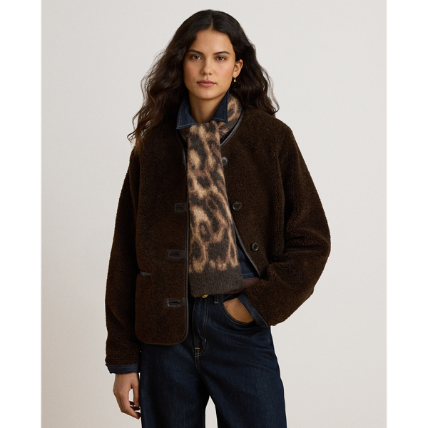 Faux-Leather-Trim Faux-Fur Teddy Coat