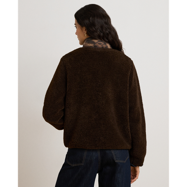 Faux-Leather-Trim Faux-Fur Teddy Coat